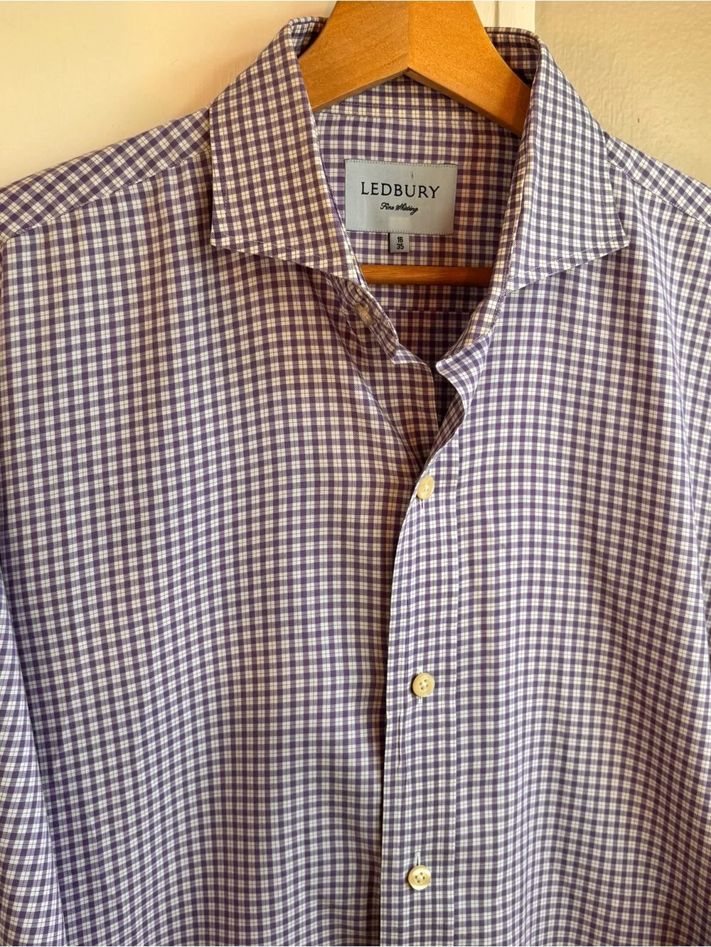 Ledbury Men's Purple/White Gingham Dress Shirt 16 35 Cotton Long Sleeve Non-Iron